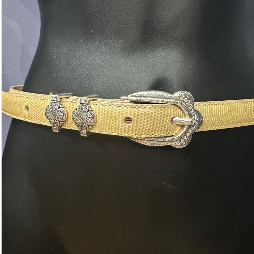 Brighton Tan Lizard Embossed Leather Skinny Belt Silver Ornate Buckle 28 B10174